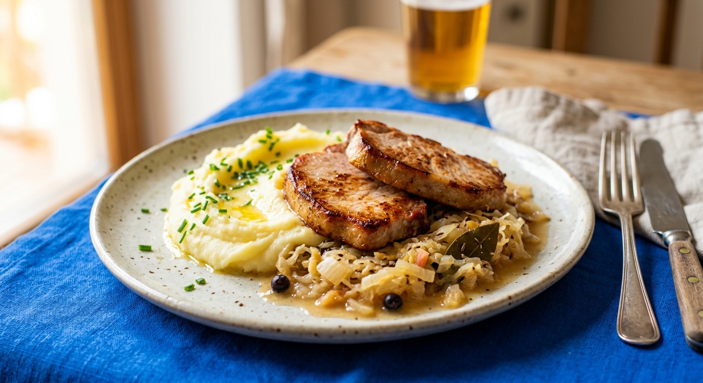Kasseler mit Apfel-Sauerkraut und Kartoffelpüree
