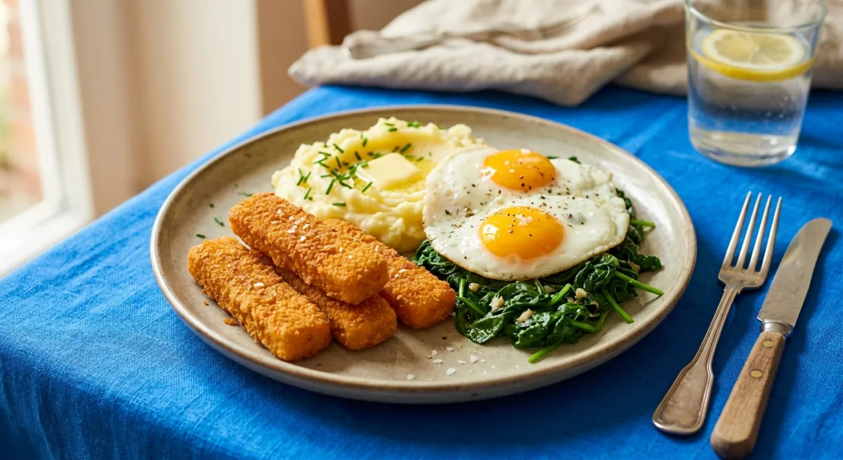 Fischstäbchen mit Kartoffelpüree und Spinat