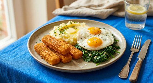 Weitere Aufnahme von Fischstäbchen mit Kartoffelpüree und Spinat