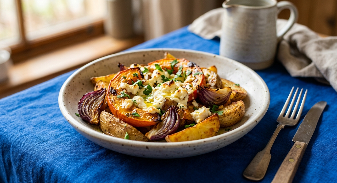 Ofenkürbis mit Kartoffeln und Feta vom Blech