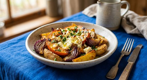 Ofenkürbis mit Kartoffeln und Feta vom Blech