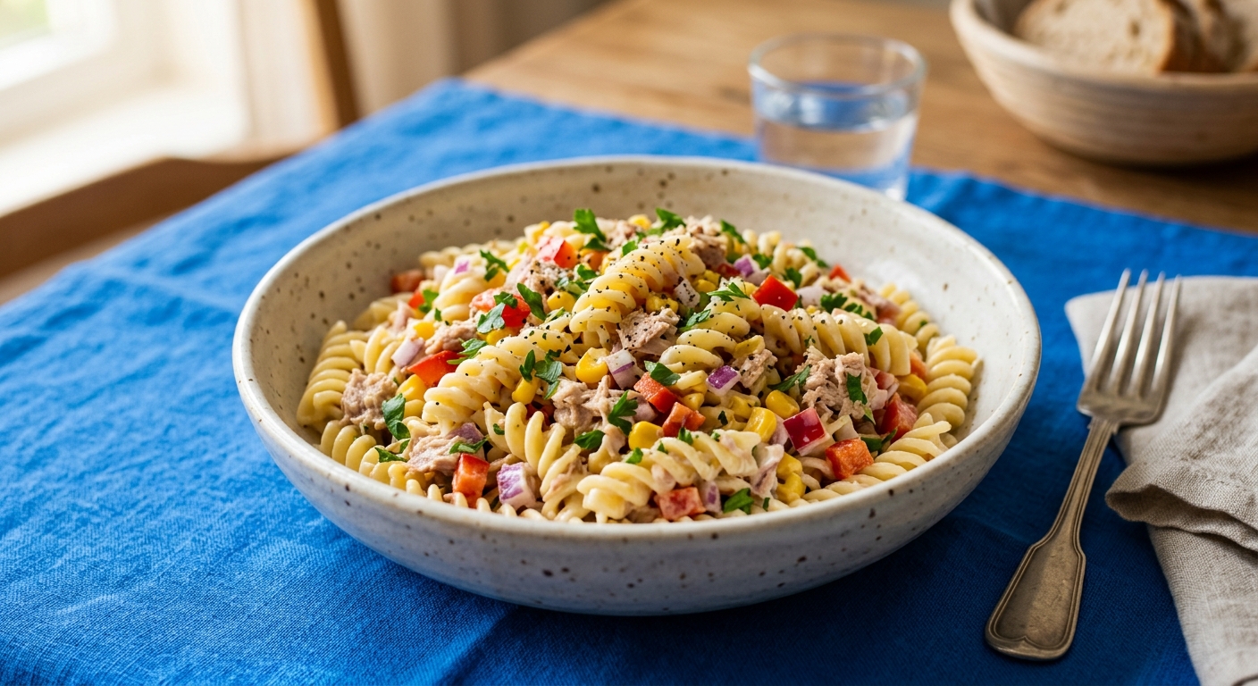 Nudelsalat mit Thunfisch, Mais und Paprika