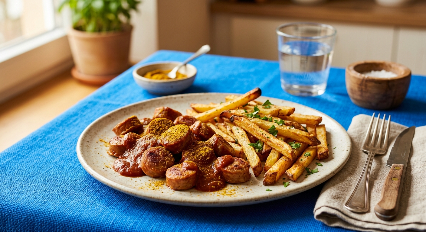 Currywurst mit selbst gemachter Currysauce und Ofen-Pommes