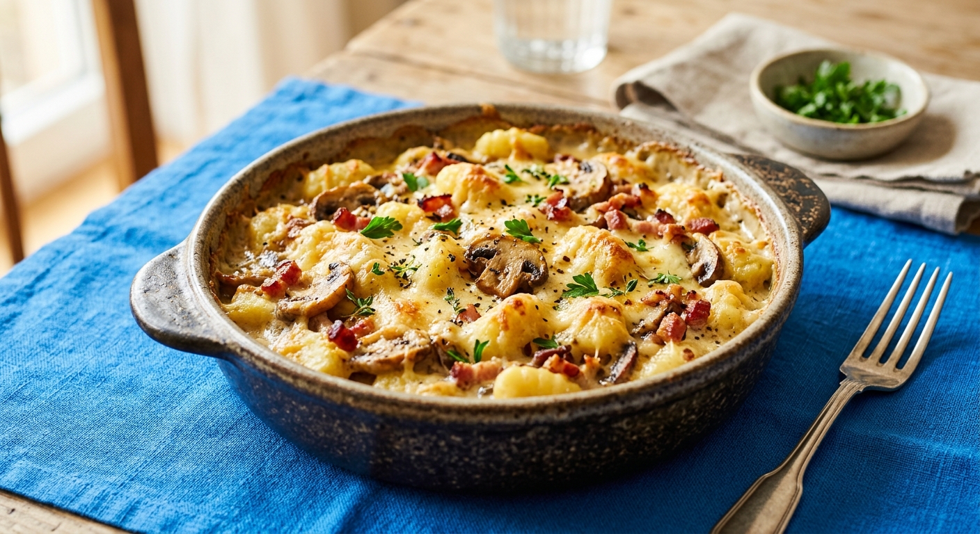 Gnocchi-Auflauf mit Champignons und Speck