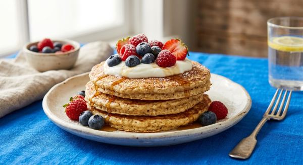 Weitere Aufnahme von Protein-Pfannkuchen mit Beeren