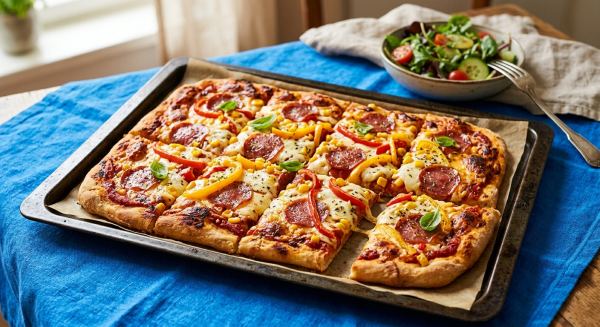 Weitere Aufnahme von Blechpizza mit Salami, Paprika und Mais