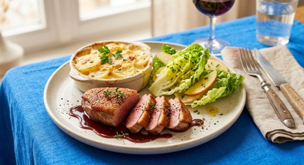 Weitere Aufnahme von Entenbrust mit Gratin Dauphinois und Salat