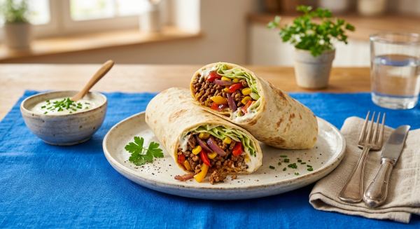 Weitere Aufnahme von Herzhafte Wraps mit Hackfleisch und Gemüse
