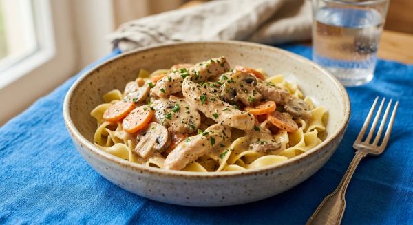 Putengeschnetzeltes mit Champignons und Möhren in Rahmsauce mit Bandnudeln