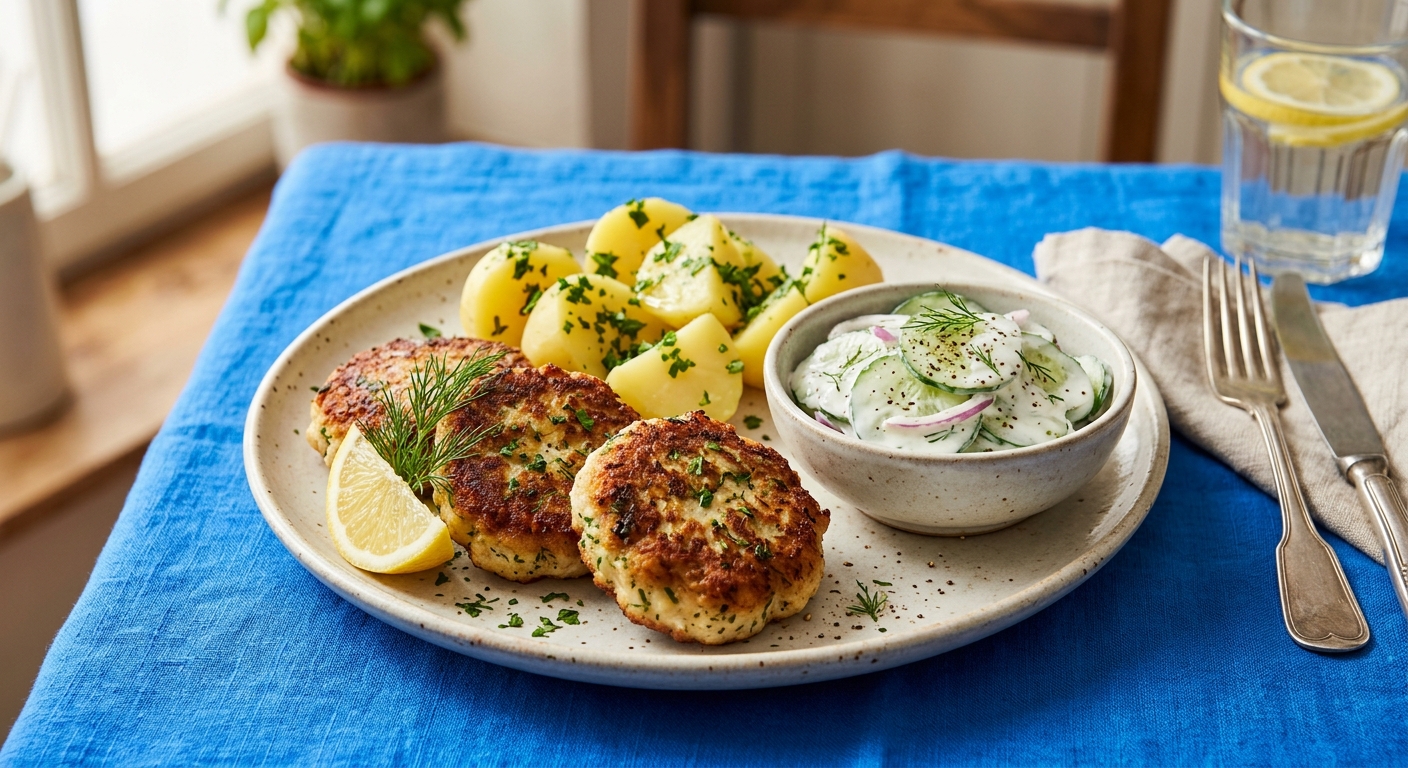 Fischfrikadellen mit Petersilienkartoffeln und Gurkensalat