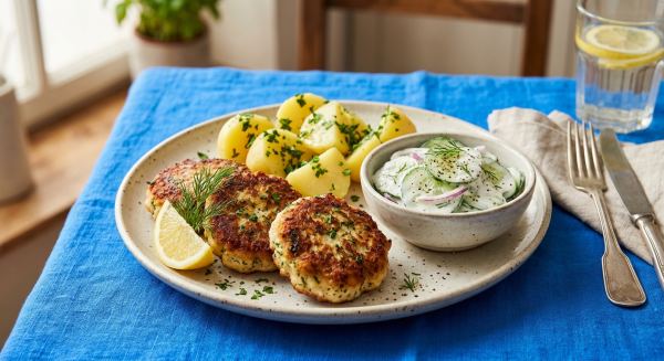 Weitere Aufnahme von Fischfrikadellen mit Petersilienkartoffeln und Gurkensalat
