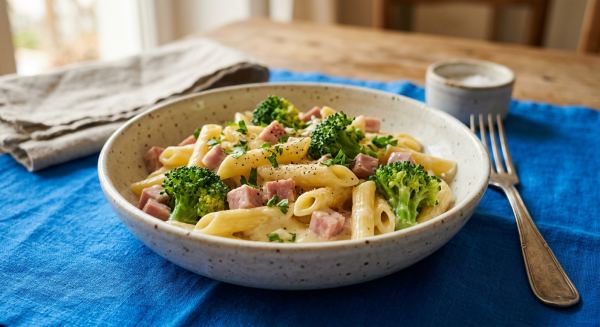 Weitere Aufnahme von Nudelpfanne mit Brokkoli und Schinken in Käsesauce