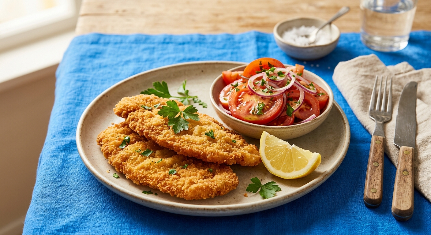 Knusprige Putenschnitzel mit Zitrone und Tomaten-Zwiebel-Salat