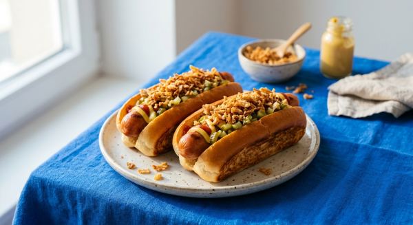 Weitere Aufnahme von Klassische Hotdogs mit Röstzwiebeln