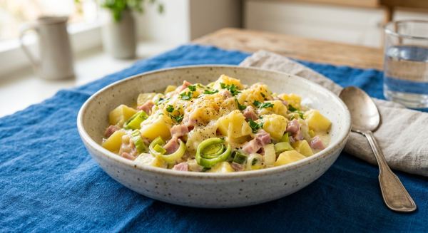 Cremige Lauch-Kartoffel-Pfanne mit Kochschinken