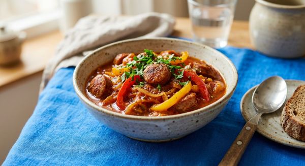 Weitere Aufnahme von Bratwurstgulasch aus dem Airfryer