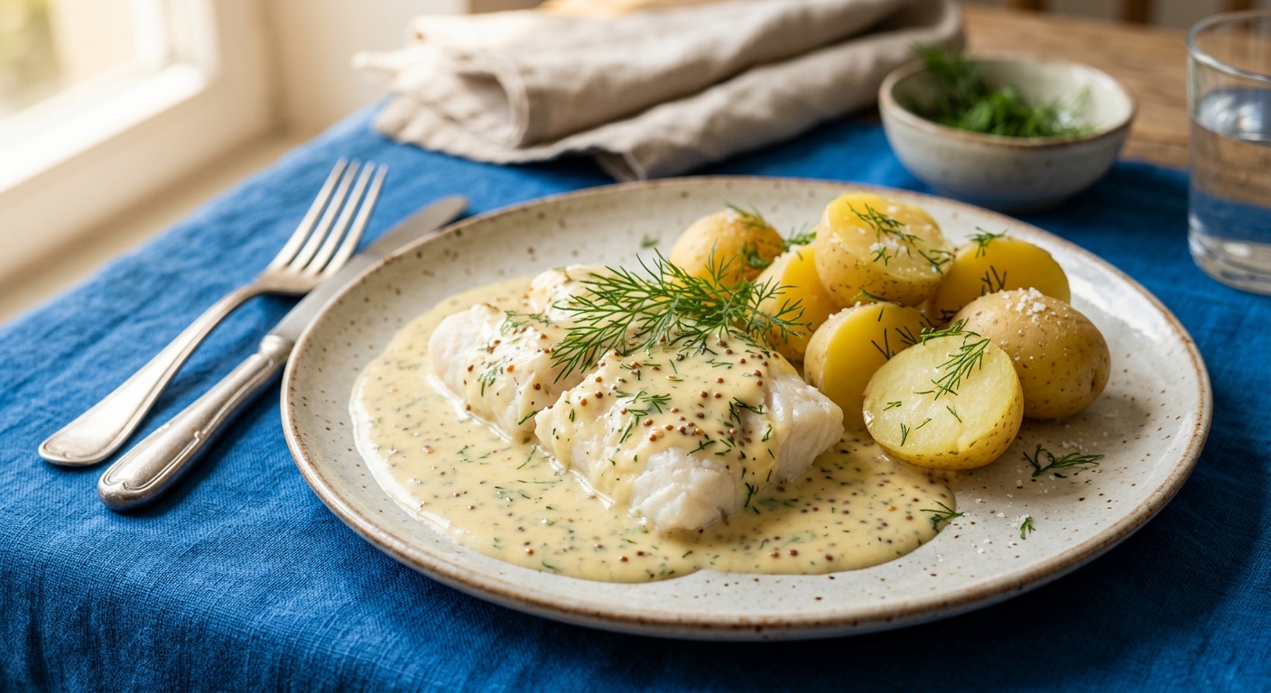 Fischfilet in heller Senfsauce mit Salzkartoffeln