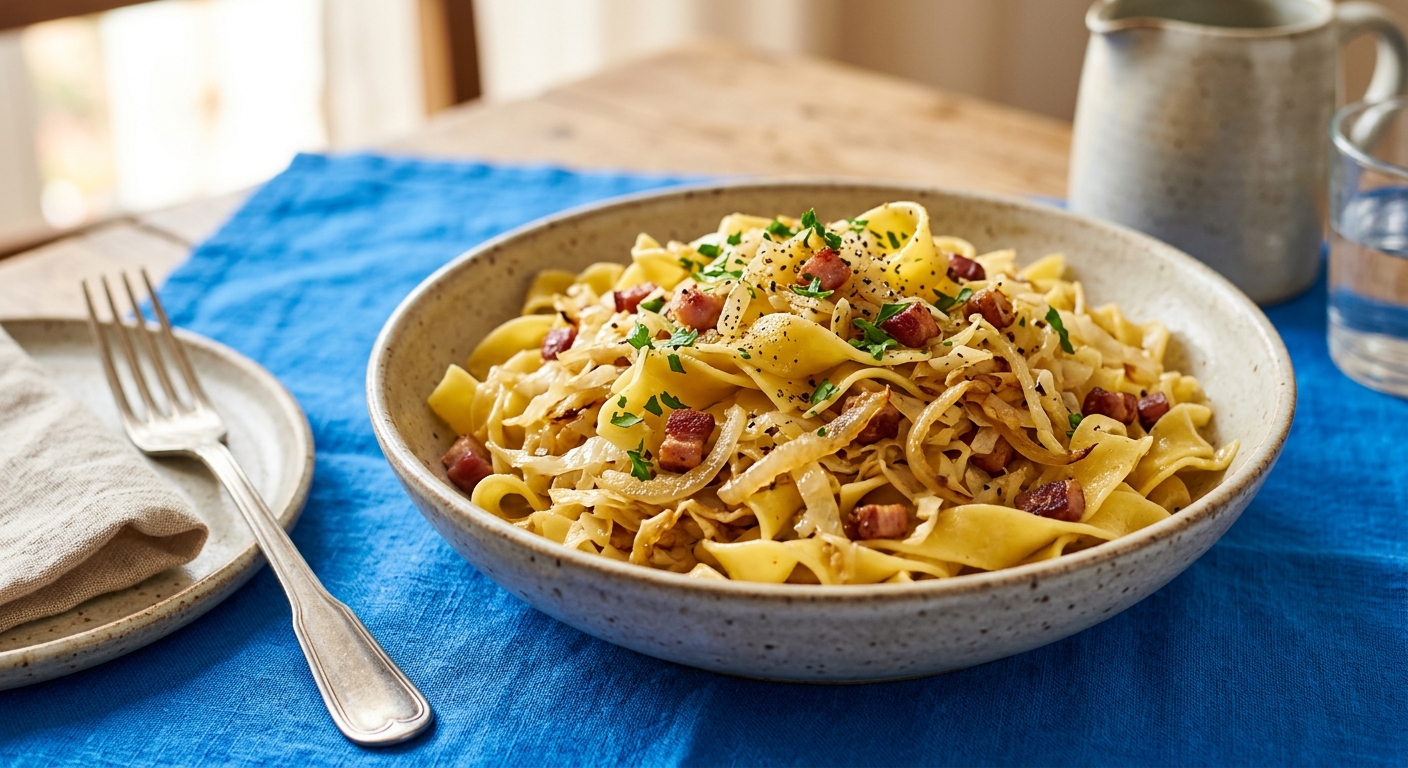 Krautnudeln mit Speck und Zwiebeln