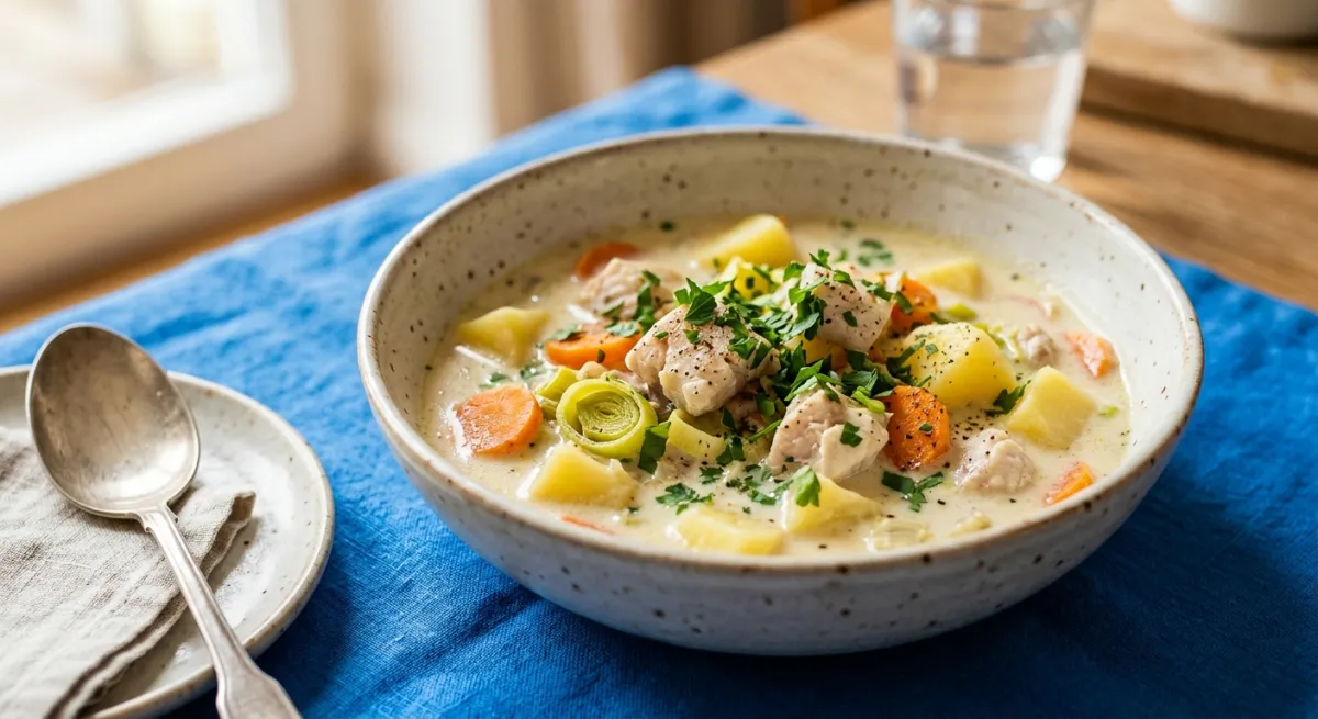 Milder Fischtopf mit Kartoffeln, Möhren und Lauch