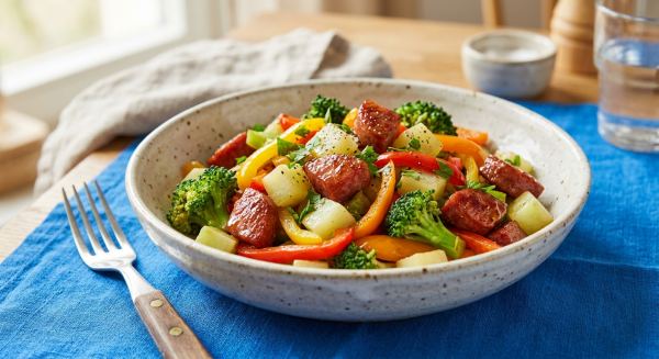 Weitere Aufnahme von Buntes Pfannengemüse mit Honig-Salami-Glanz