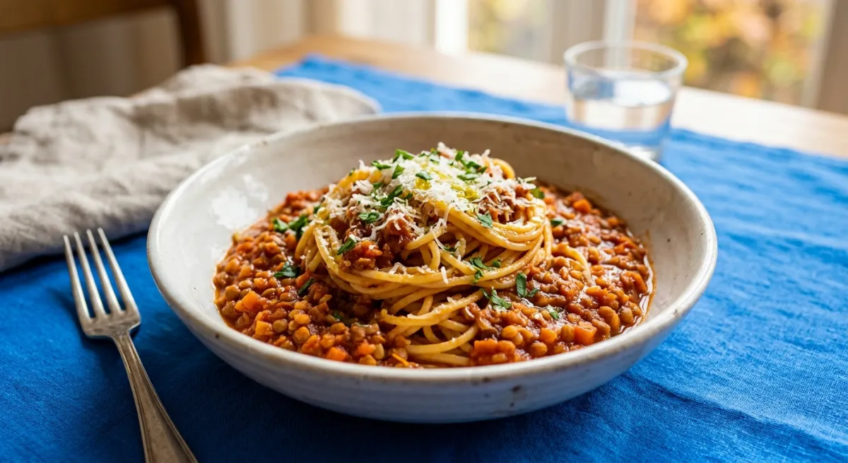 Linsen-Bolognese mit Spaghetti und Herbstgemüse