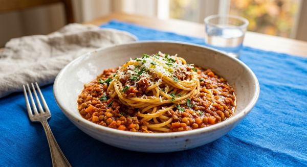 Linsen-Bolognese mit Spaghetti und Herbstgemüse
