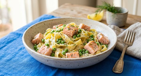 Weitere Aufnahme von Lachs-Sahne-Pfanne mit Erbsen und Bandnudeln