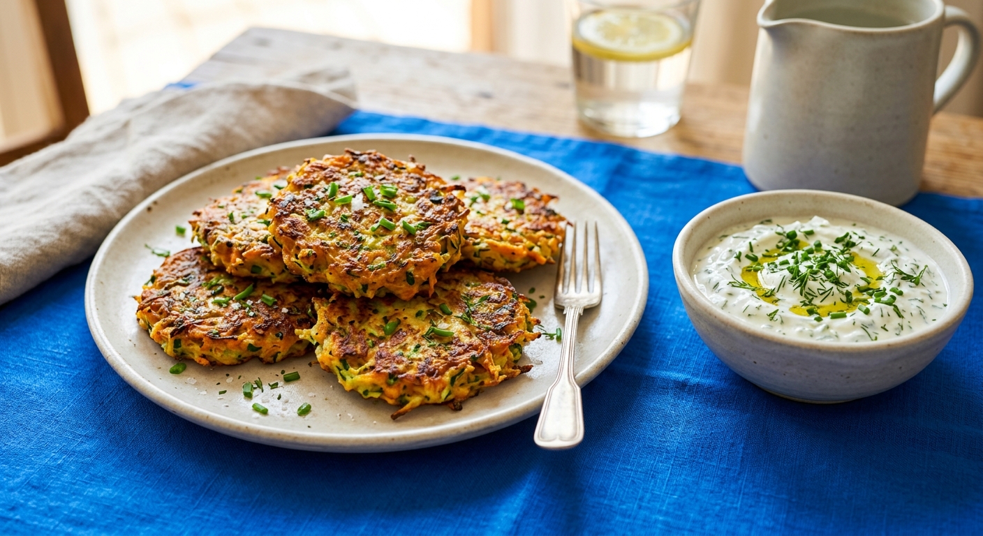 Zucchini-Möhren-Puffer mit Kräuterjoghurt