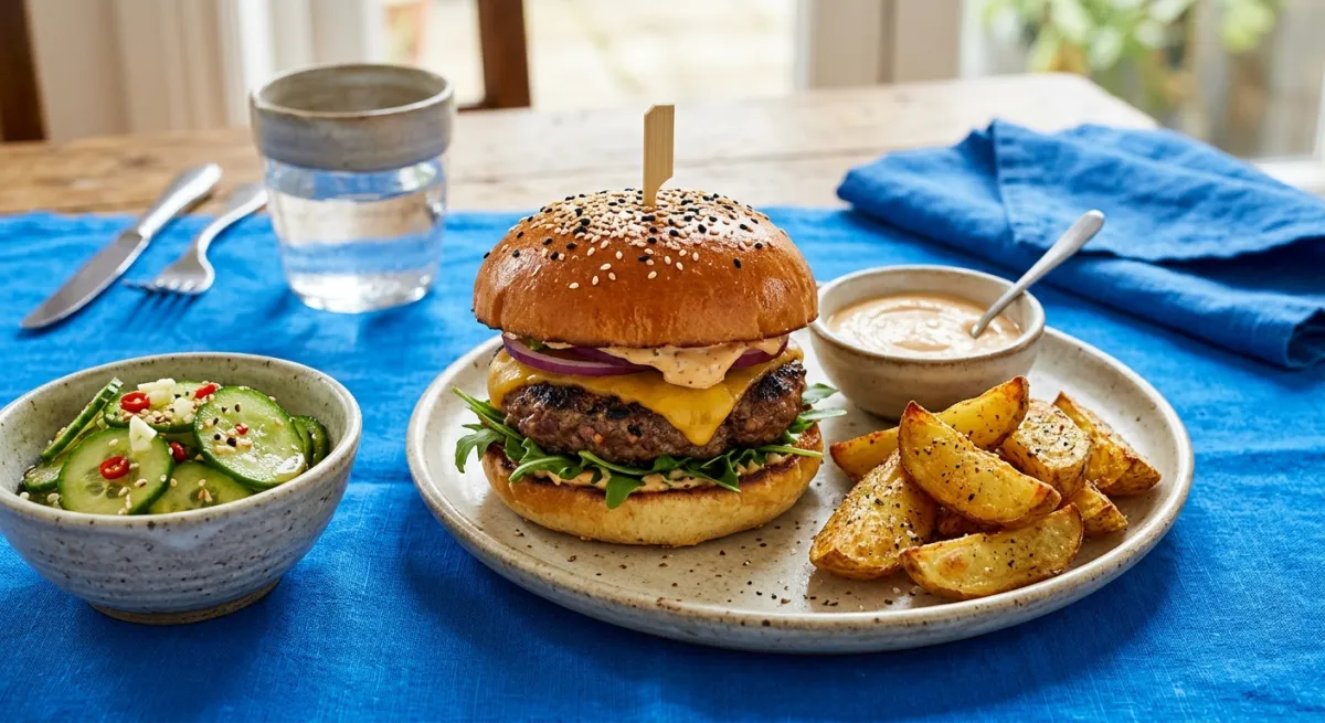 Miso Beef Burger mit Sesam-Gurken-Salat