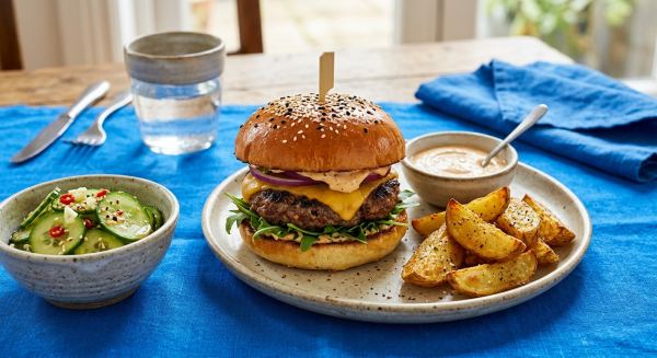 Weitere Aufnahme von Miso Beef Burger mit Sesam-Gurken-Salat