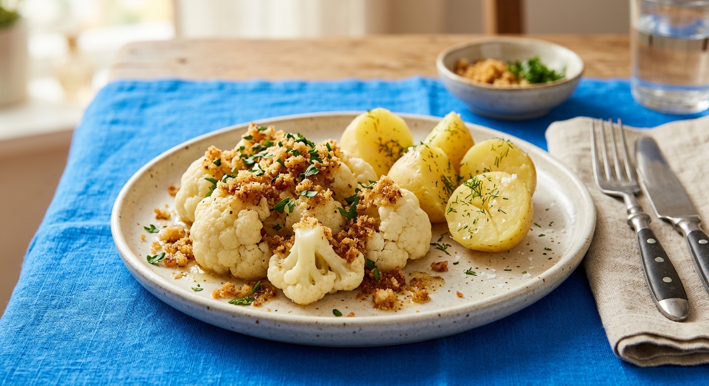 Blumenkohl mit Butterbröseln und Salzkartoffeln