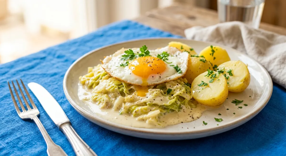 Rahmwirsing mit Salzkartoffeln und Spiegelei