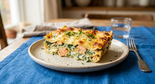 Weitere Aufnahme von Lachs-Spinat-Lasagne mit heller Käsesauce