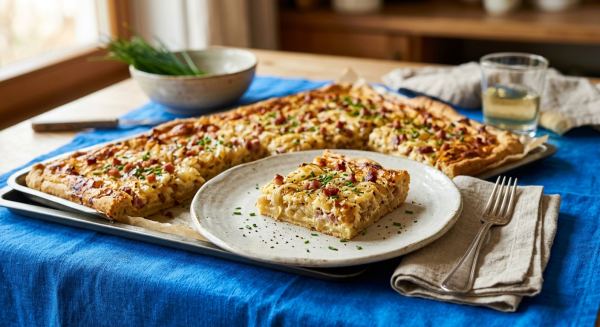 Zwiebelkuchen vom Blech mit Speck und Schmand