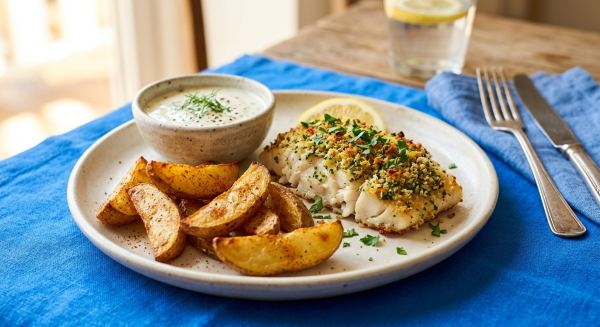 Weitere Aufnahme von Ofen-Fischfilet mit Kräuterkruste und Kartoffelspalten vom Blech
