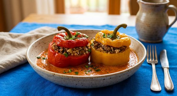 Gefüllte Paprika mit Hackfleisch und Reis aus dem Topf